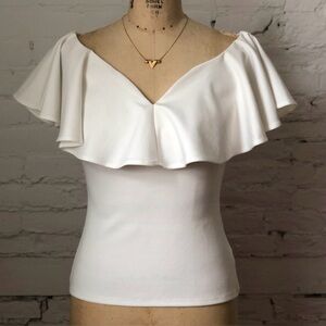 Unique Vintage cream off shoulder ruffle cotton blend top